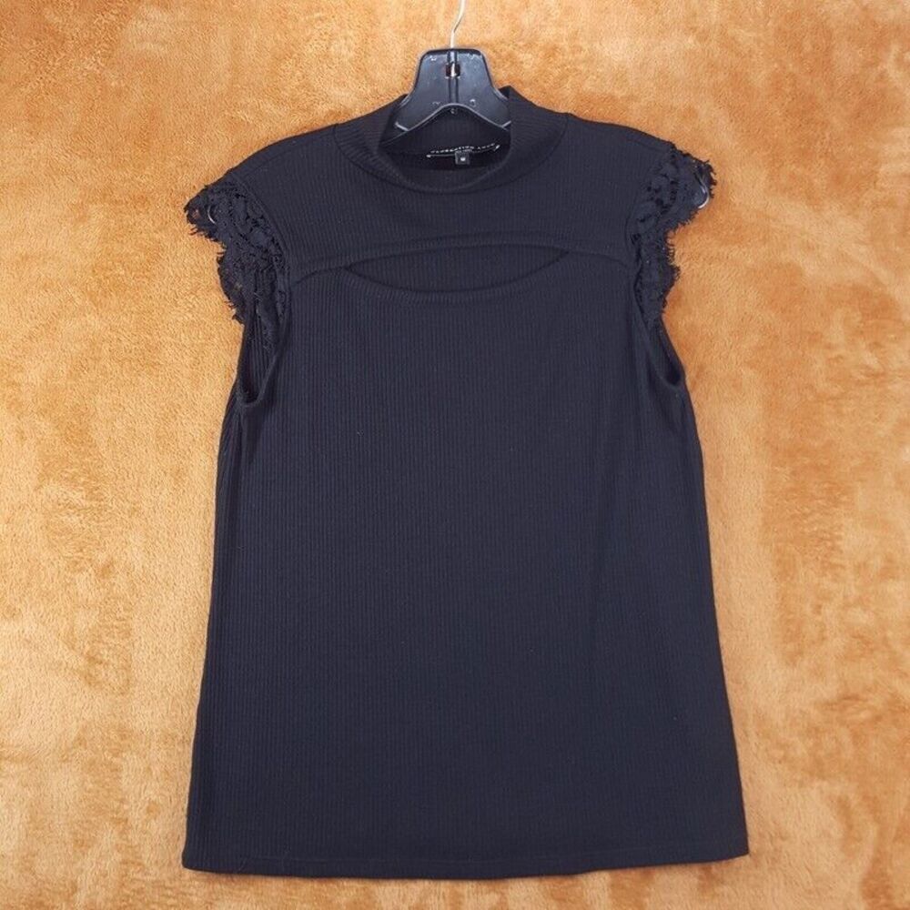 GENERATION LOVE Womens Top Medium Black Pullover Cut Out Mock Neck Lace Ribbed